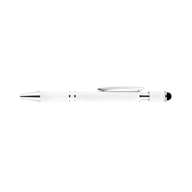 A white spinner pen with silver accents and a textured grip, featuring a logo.