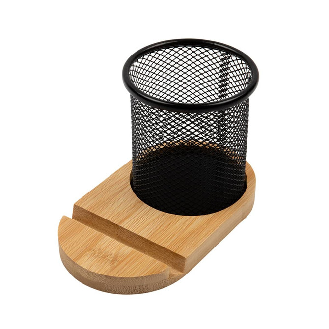 A bamboo pen tidy with a black mesh holder, featuring a sleek base for a phone stand.