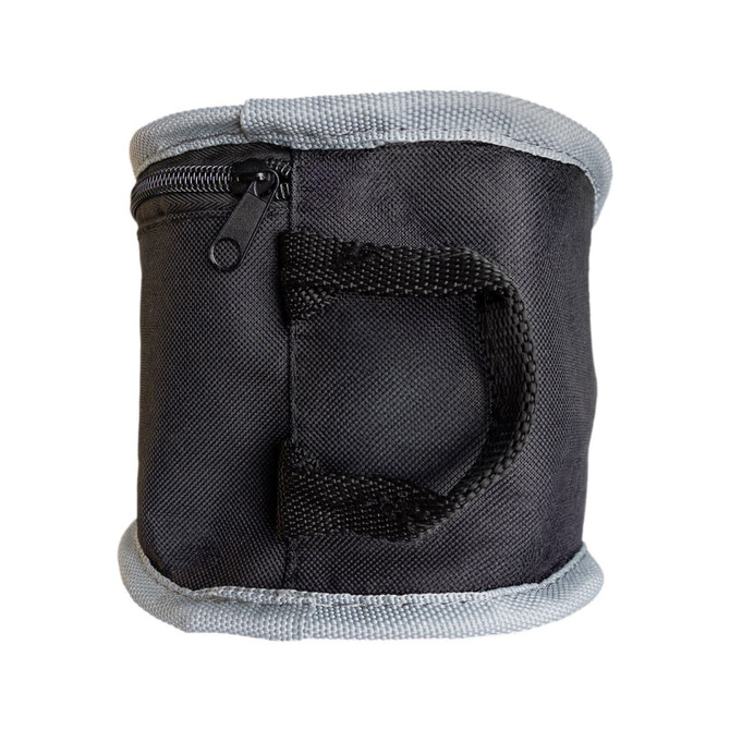 A black, cylindrical bag with a grey trim and a zipper, featuring a small handle on the side.