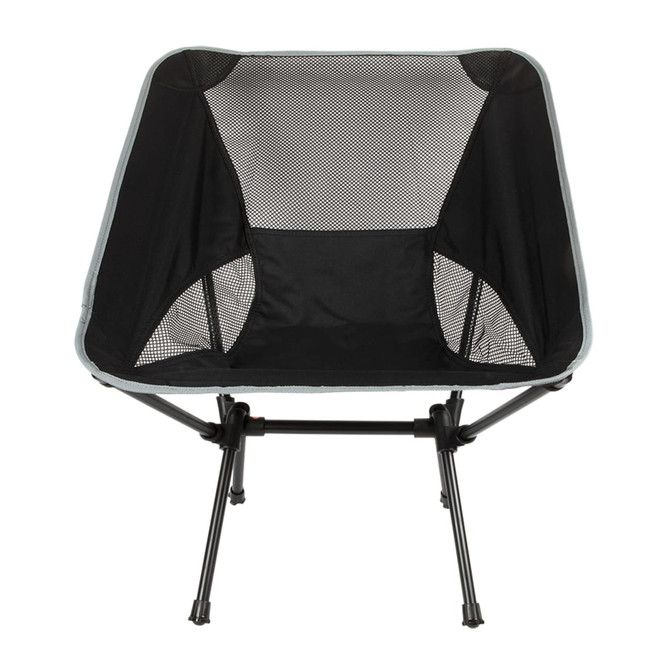 A Marlin Folding Chair featuring a black mesh seat and grey accents, supported by a sturdy black frame.