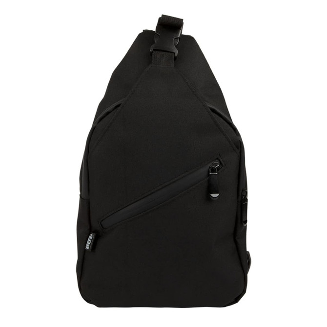A black Sling RPET travel bag with a front pocket and adjustable strap. It features a logo on the side.
