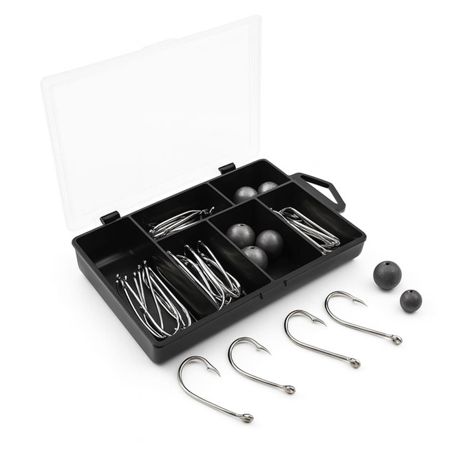 A black tackle box containing various fishing hooks and weights, organised in six compartments.