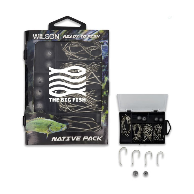 A fishing tackle kit in a black box containing hooks and weights, featuring a logo and a fish design.