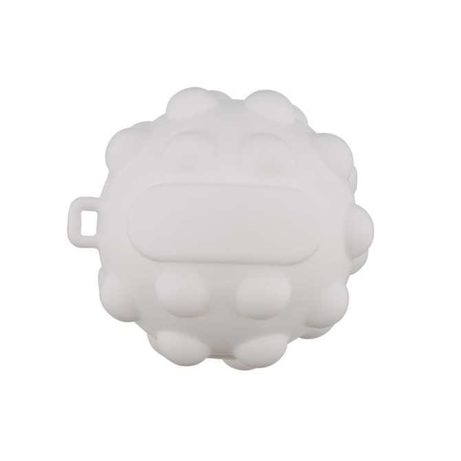 A white rubber ball with a textured surface and round protrusions, featuring a central flat area.
