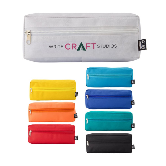 A set of utility cases in various colours: white, orange, blue, turquoise, and black. Each has a zip closure and a logo.