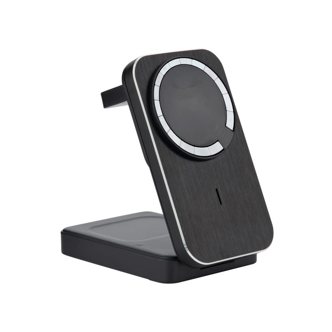 A wireless charger in black with a sleek design, featuring a circular charging pad and a stand.