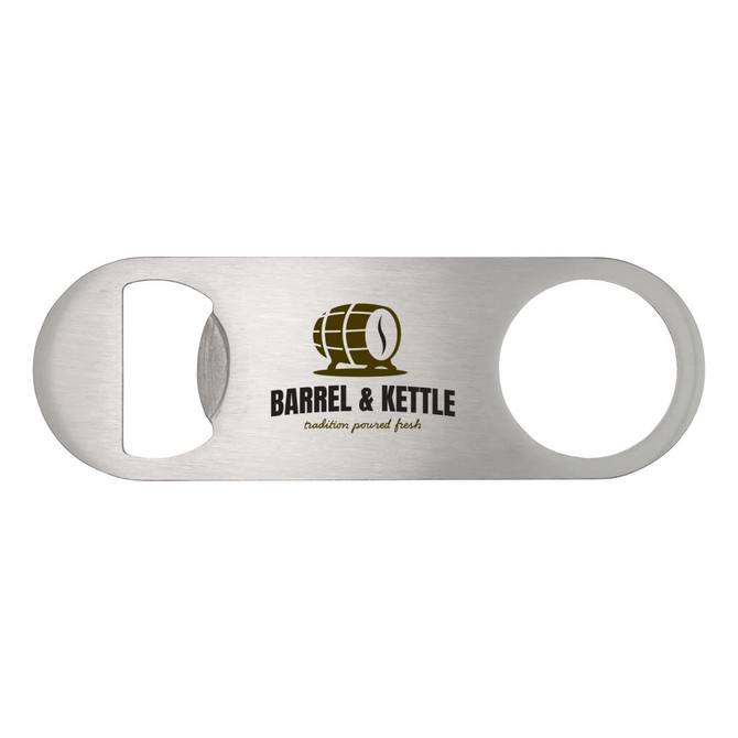 A stainless steel bottle opener with a rounded end and a circular cutout, featuring a logo.