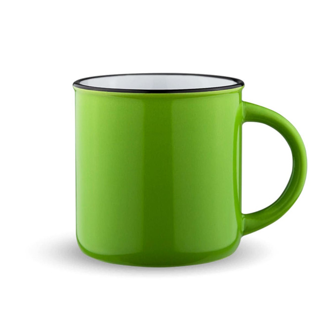A drink mug in bright green with a black rim and a round handle. It has a glossy finish.