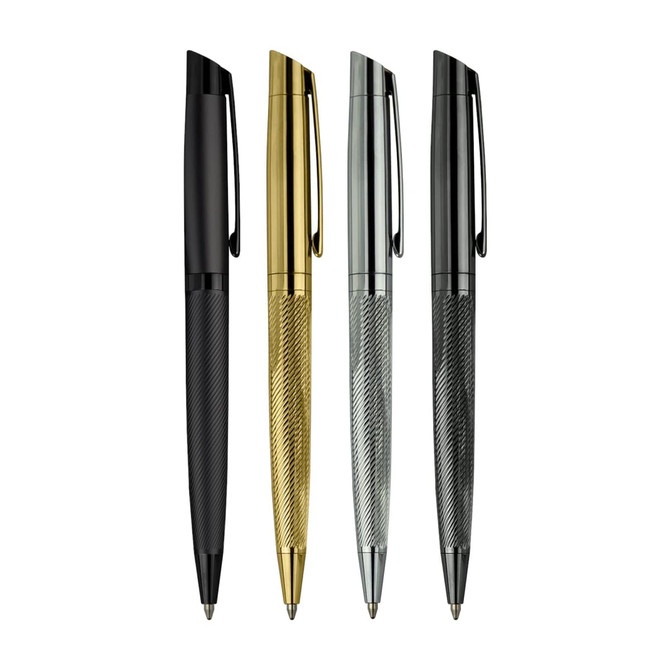 A set of four metal pens in black, gold, silver, and gunmetal grey, each featuring a textured grip and clip.