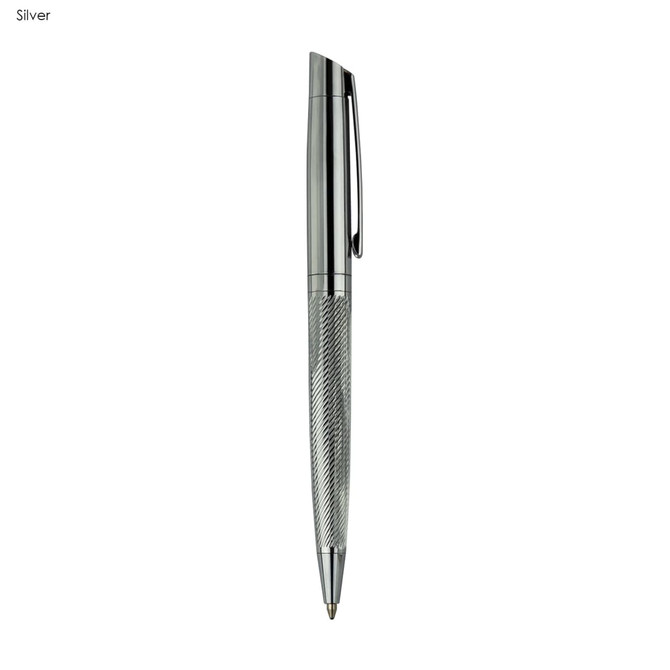 A silver metal pen with a textured grip and a clip, featuring a sleek and modern design.