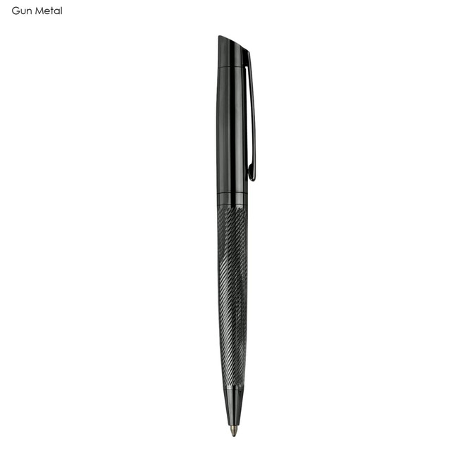 A sleek gun metal pen with a textured grip and a simple design, featuring a clip and branding.