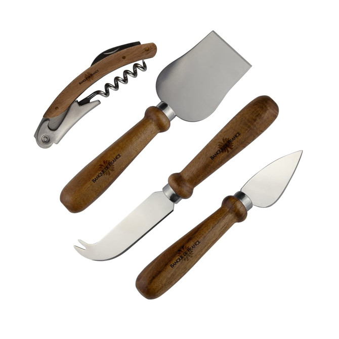 A cheese knife set featuring stainless steel blades and wooden handles, including a corkscrew and various knives.