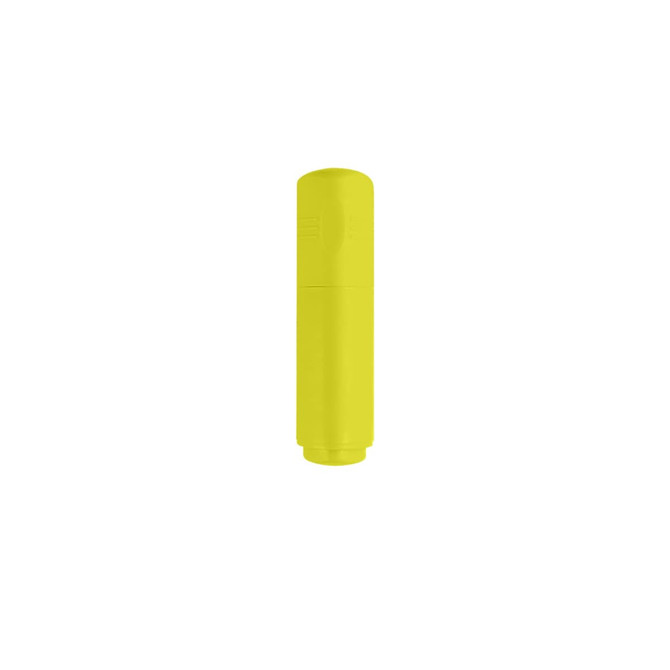 A triangular highlighter set in bright yellow, featuring a sleek design with a branding logo.