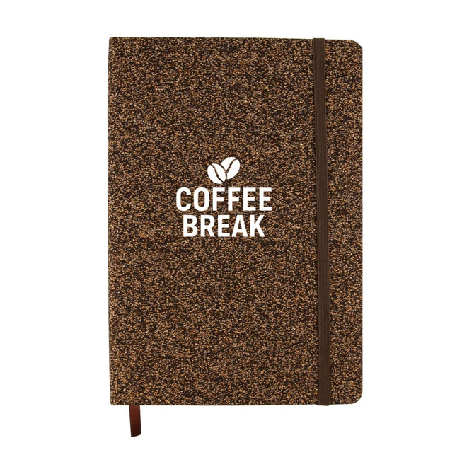 A brown A5 notebook with a textured cover and an elastic band, featuring a logo on the front.