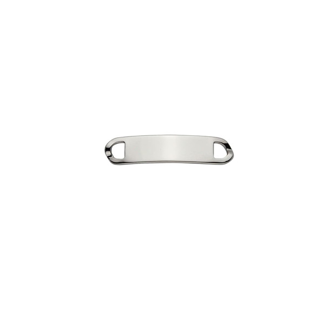 A silver shoelace charm with a curved design and two openings at either end.