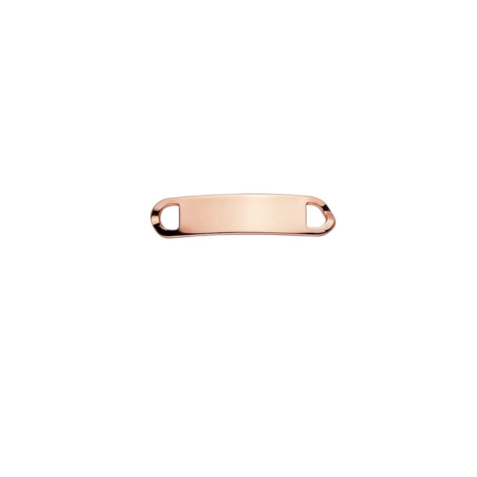 A copper-toned shoelace charm with rounded ends and a smooth surface, featuring a logo.