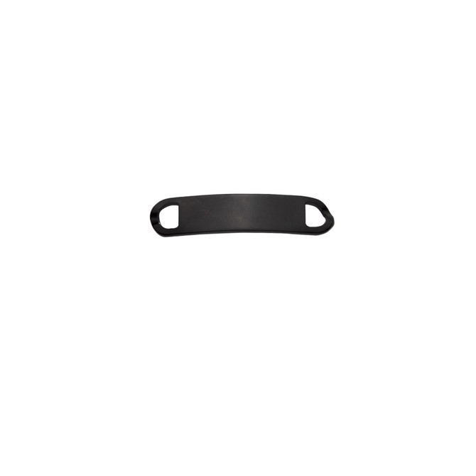 A black Smart Shoelace Charm with two curved ends for attachment. Features a simple and sleek design.