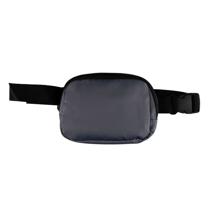 A grey belt bag with a black adjustable strap and a logo on the front.