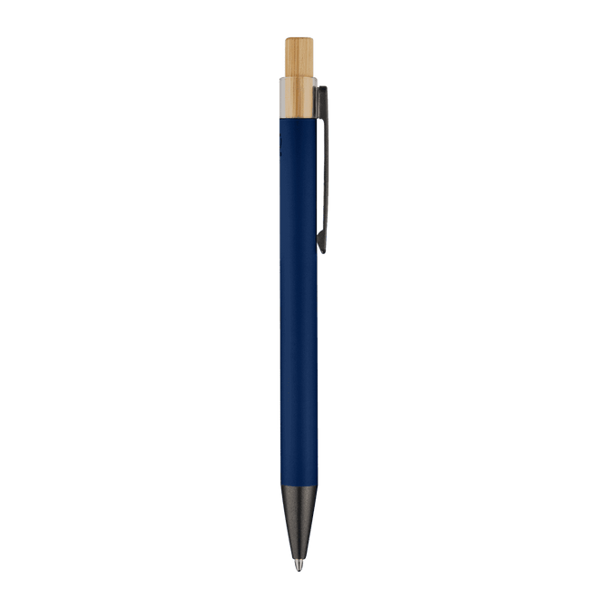 A metal pen with a navy blue body and a gold top, featuring a clip for attachment. It has a branding logo.