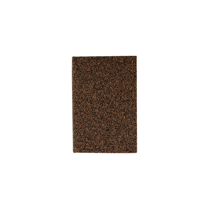 A brown notebook with a textured cover resembling coffee grounds. It features a logo on the front.