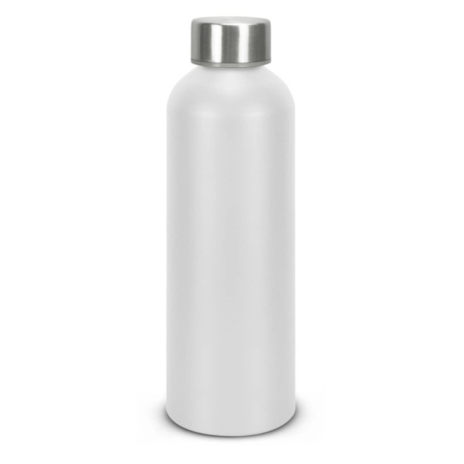 A drink bottle in matte white aluminium with a silver stainless steel cap and a logo.
