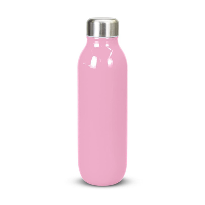 A drink bottle in a glossy pink finish with a stainless steel lid and a sleek design.
