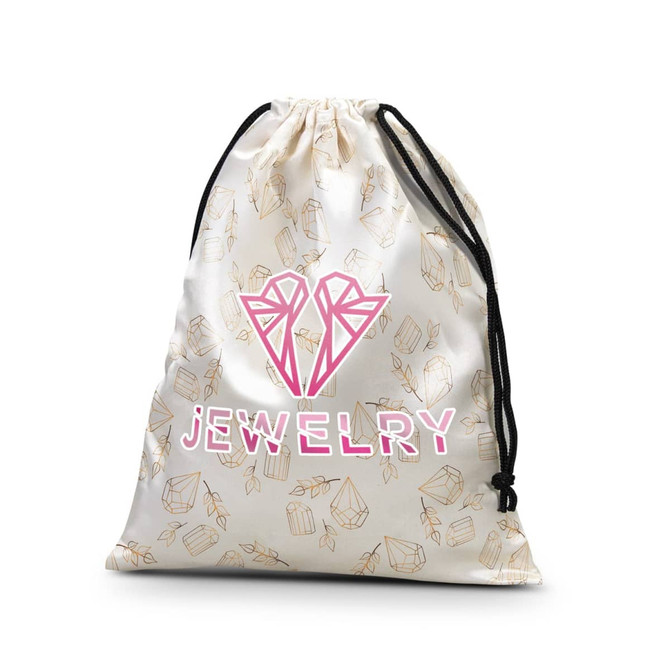 A small satin gift bag with a drawstring closure, featuring a muted diamond pattern in cream and gold colours.