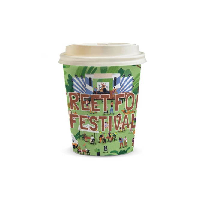 A compostable paper coffee cup in cream with a vibrant, illustrated design featuring a street food festival theme.