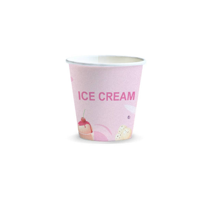 A pink compostable paper cup with a decorative ice cream design and a logo. Volume is 180ml.