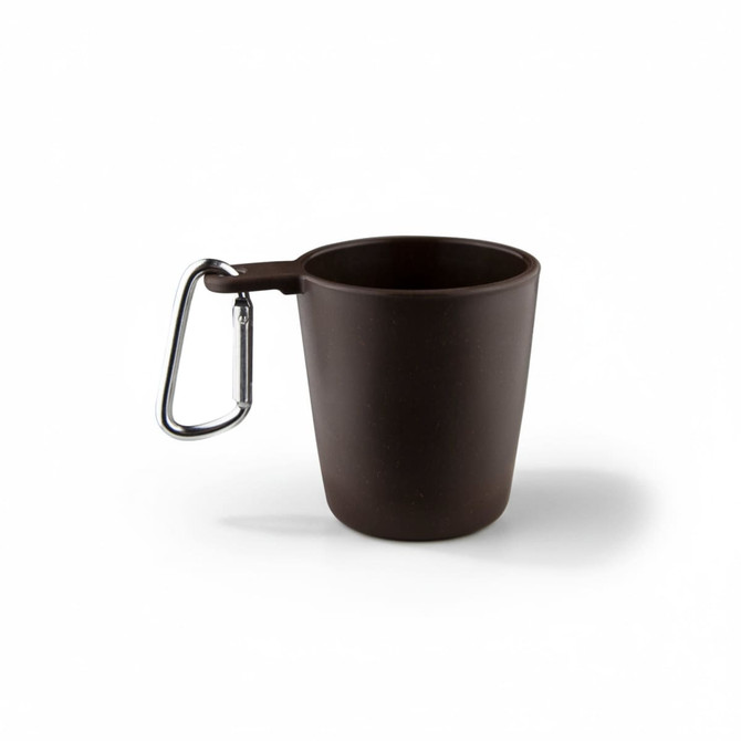 A drink bottle in dark brown with a silver carabiner attached to the handle. Features a simple, ergonomic design.