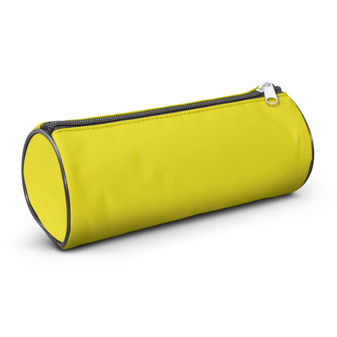 A bright yellow pencil case with a cylindrical design and a zippered closure.