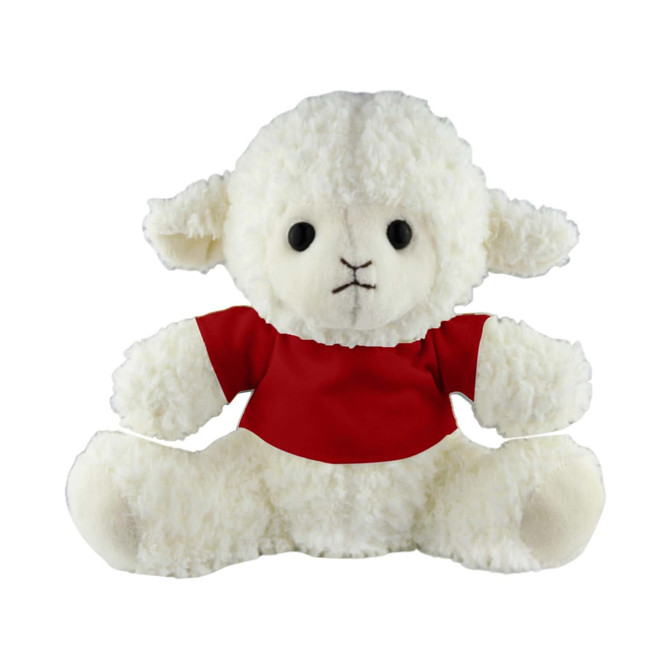 A plush sheep toy with a fluffy white body and a red shirt, featuring a stitched face and black eyes.