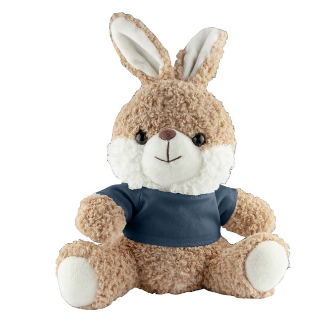 A soft brown rabbit plush toy with white accents and a blue shirt, sitting upright with a friendly expression.