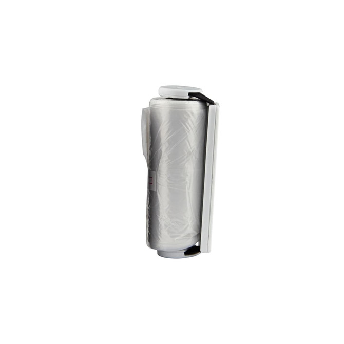 A grey pet bag dispenser with a clip for easy attachment and a roll of bags inside.