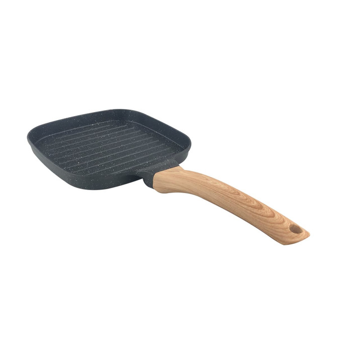 A square grill pan featuring a black non-stick surface and a wooden handle. It has a textured grill base.
