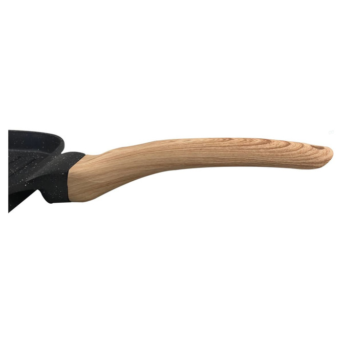 A square grill pan with a black non-stick surface and a wooden handle. It features a sleek design.