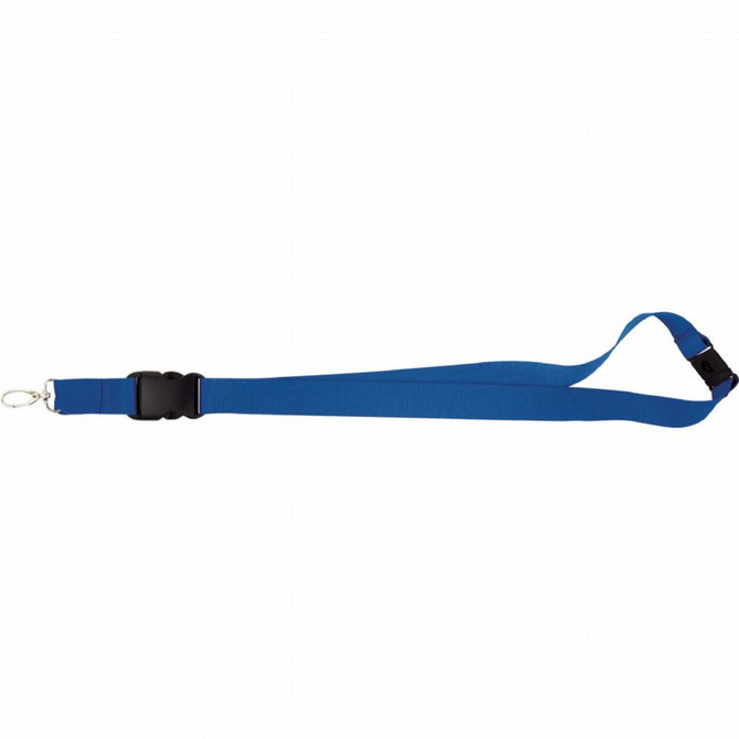 A blue lanyard with a black clip and buckle for securing badges or access cards.