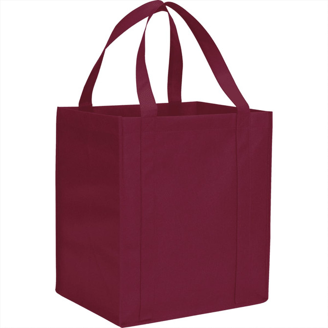 A burgundy reusable grocery tote bag with two handles and a square shape. It has a logo on one side.