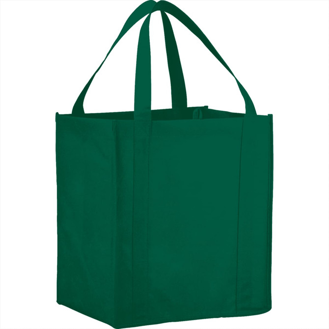A green non-woven grocery tote bag with sturdy handles and a square base, featuring a logo.