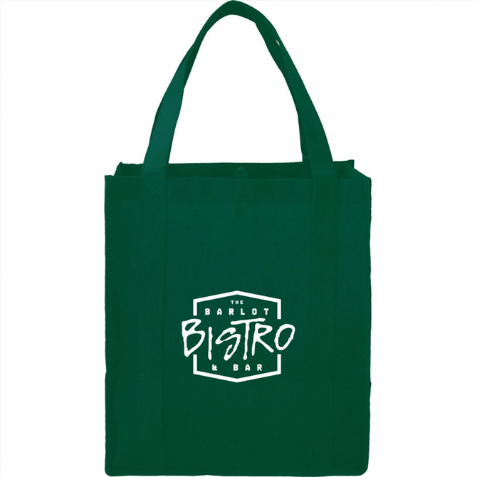 A green non-woven grocery tote bag with shoulder straps and a logo on the front.