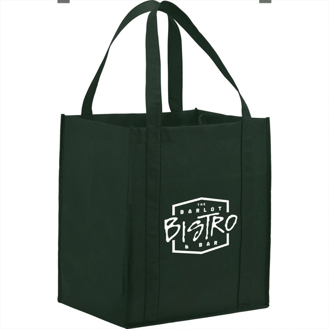 A green non-woven grocery tote bag with sturdy straps and a logo on one side.