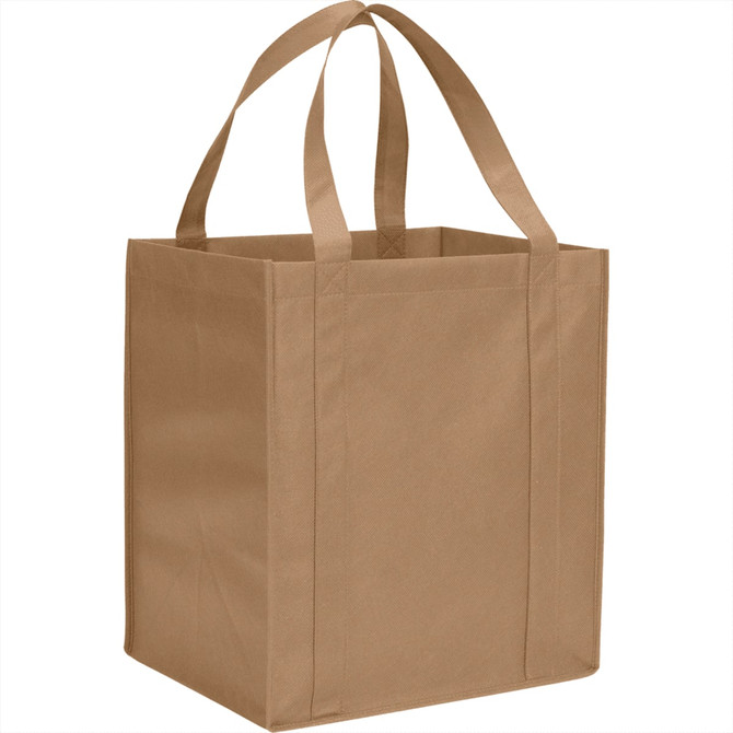 A tan non-woven grocery tote bag with two sturdy handles and a square shape, featuring branding on the side.
