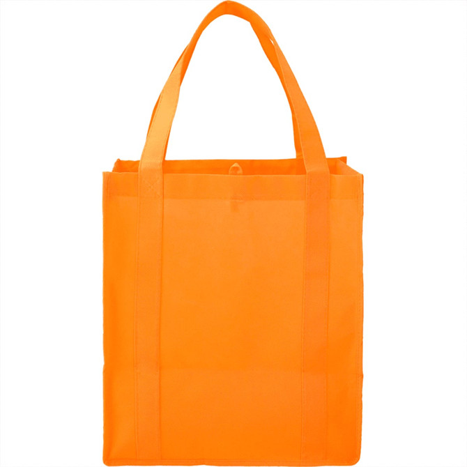 An orange non-woven grocery tote bag with two sturdy handles and a simple design. It has a logo on one side.