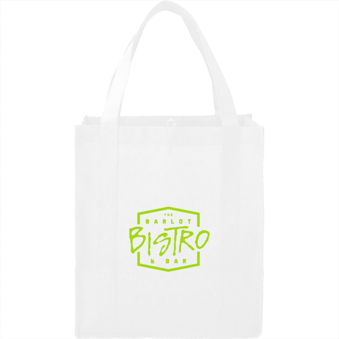 A white reusable grocery tote featuring short handles and a logo in bright green. Suitable for various shopping needs.