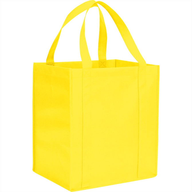 A yellow non-woven grocery tote bag with two sturdy handles and a rectangular shape. It features a logo.