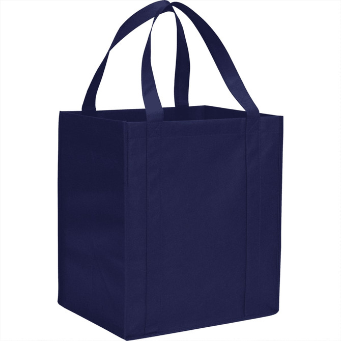 A navy blue non-woven grocery tote with sturdy handles and a square design, featuring a logo.