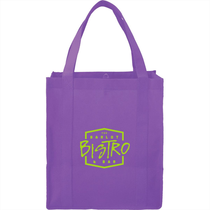 A purple reusable grocery tote with sturdy handles and a logo on the front.