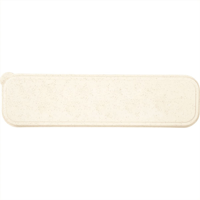 A bamboo fibre cutlery set in a light cream colour, featuring a sleek, rounded design and a branding logo.