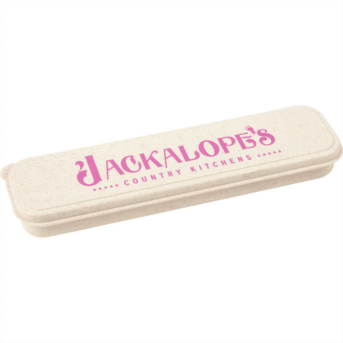 A bamboo fibre cutlery set in a natural colour case with a pink logo, suitable for home and living.