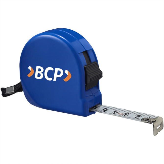 A blue measuring tape with a retractable metal blade and a logo on the casing.
